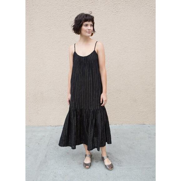 Lindsay Robinson Black Gold Lurex Valley Midi Dress Pocket Scoop Back Size Small - Picture 1 of 10